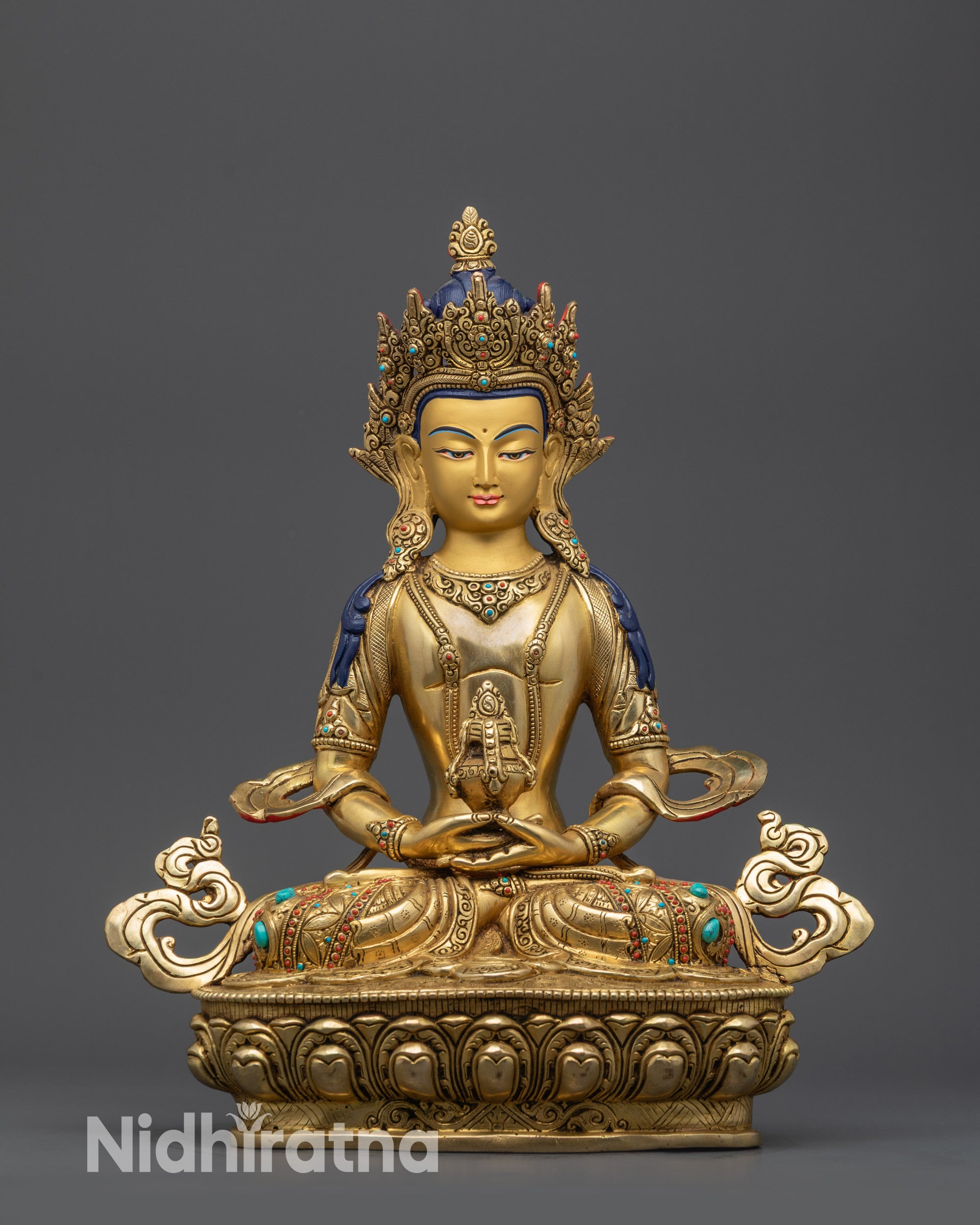 Front view Amitayus Statue Nepalese Bodhisattva of Longevity on gold-gilded base