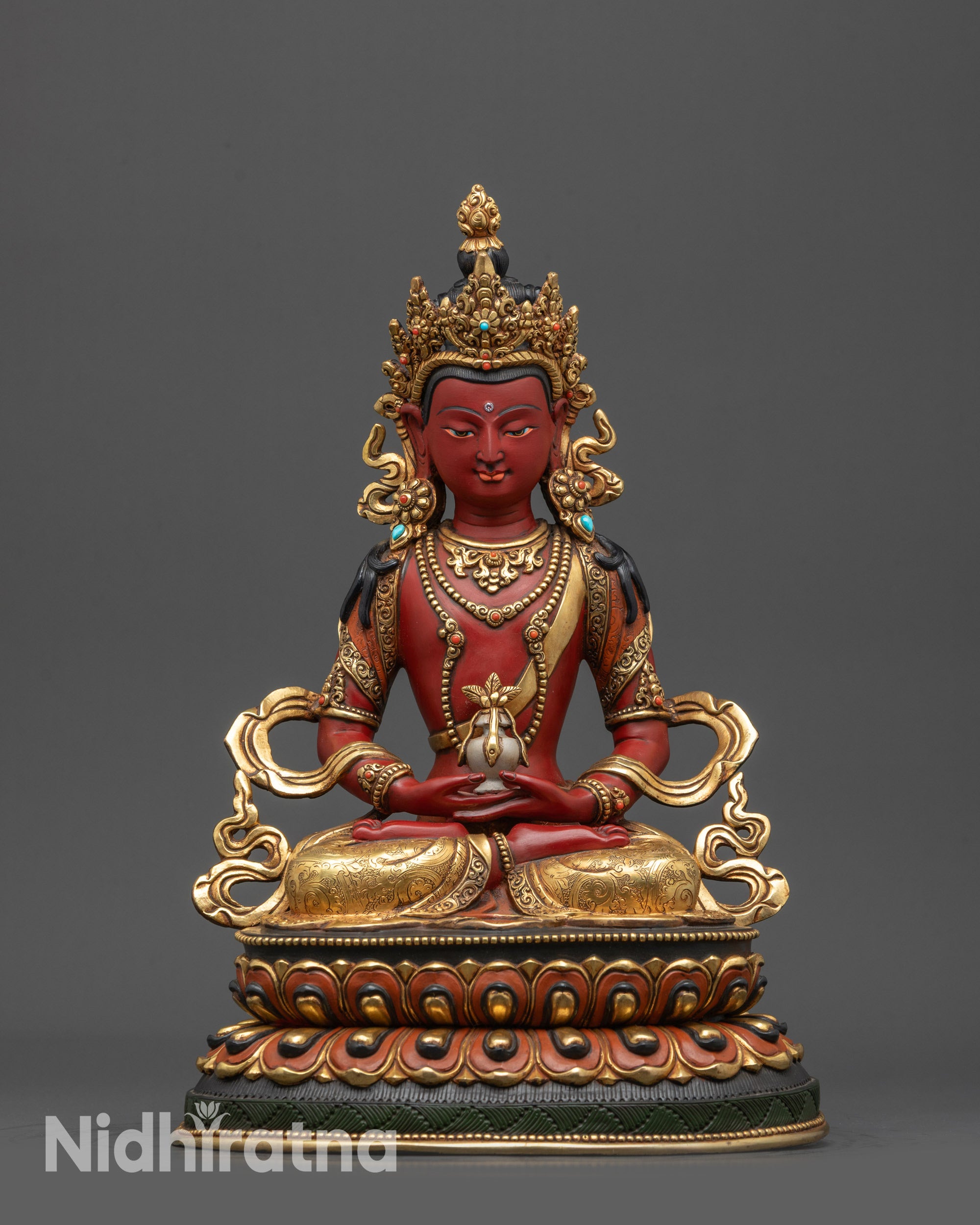 Front view Amitayus Statue of Long Life with gold-plated robe and lotus pedestal