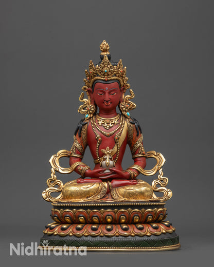 Front view Amitayus Statue of Long Life with gold-plated robe and lotus pedestal