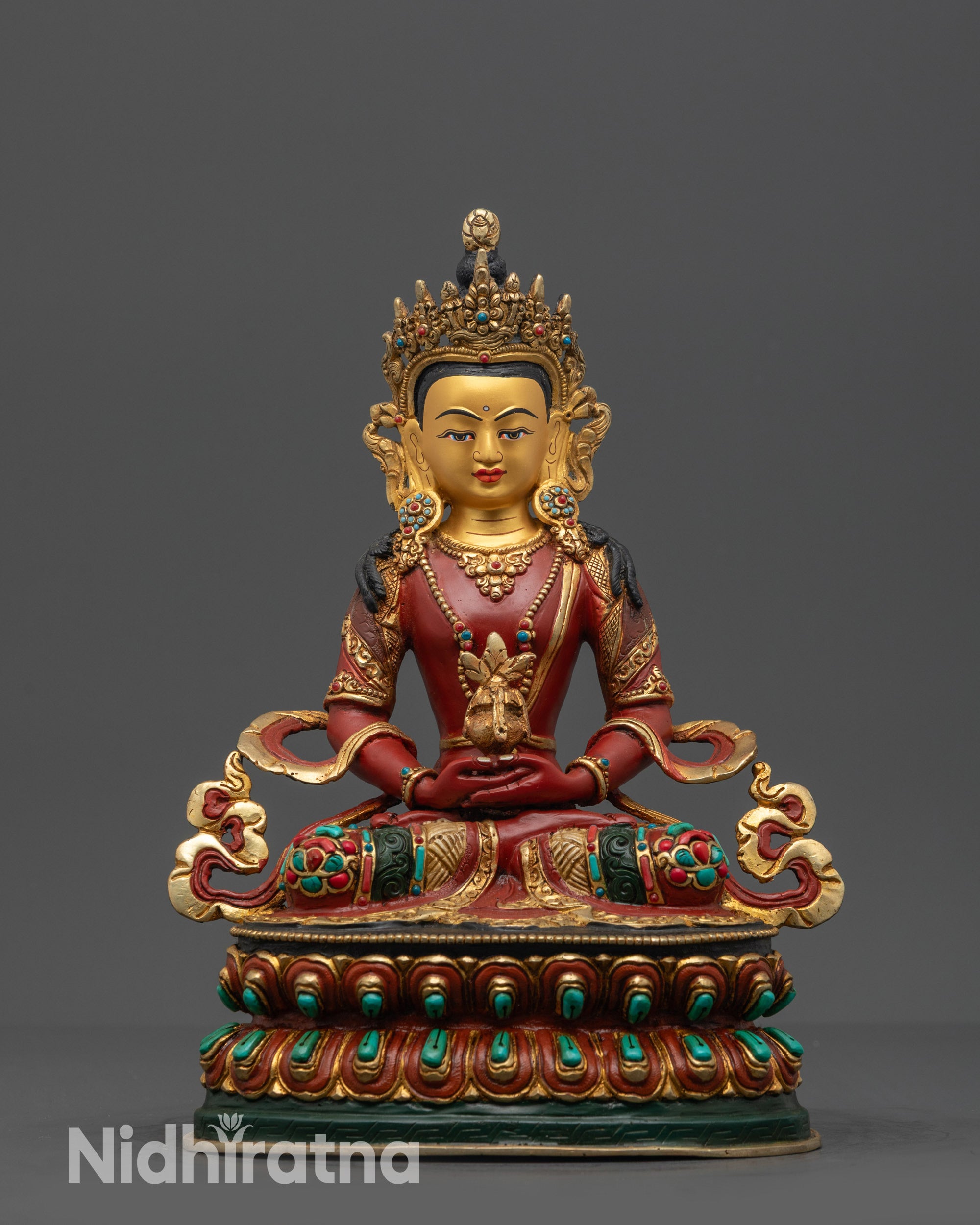 Front view Amitayus Statue with red body, gold face and lotus seat

