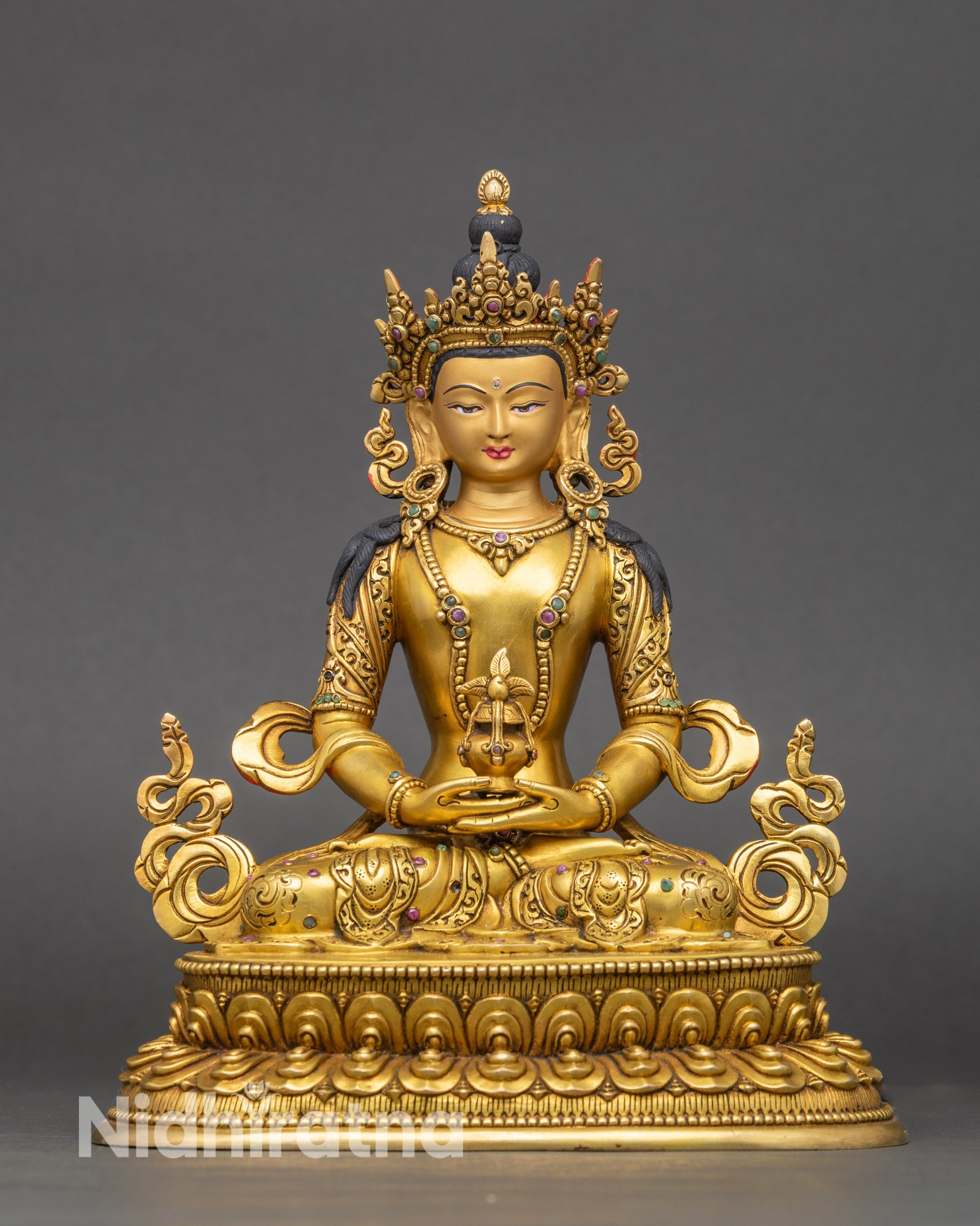 Front view Amitayus statue gold-gilded copper with lotus pedestal and vase of immortality