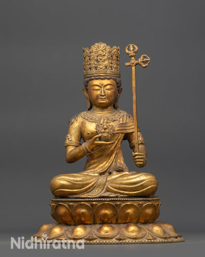Front view Antique Akasagarbha Bodhisattva Statue on double-layered lotus pedestal
