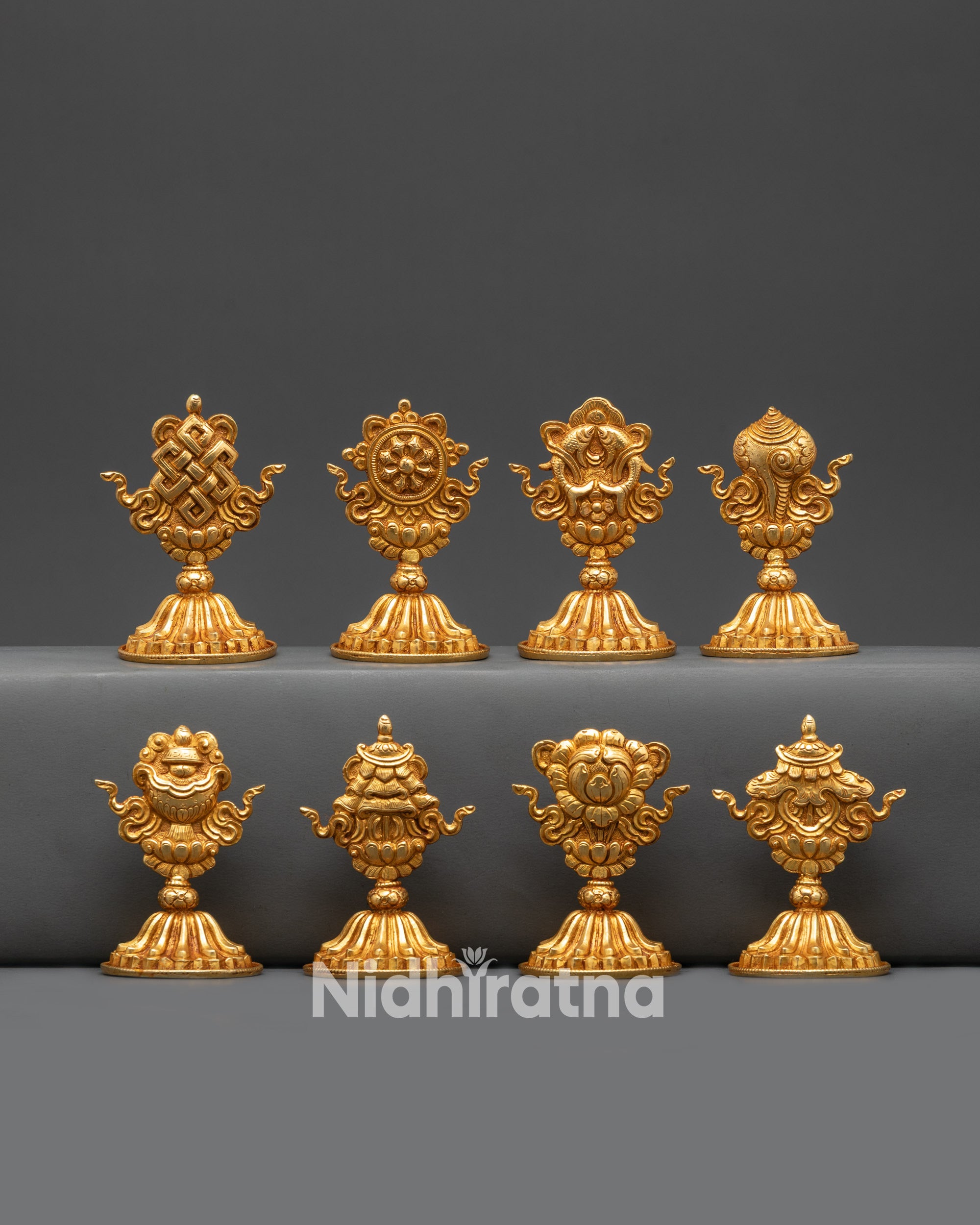 Front view Ashtamangala Set | 3-inch Gold Fire-Gilded Eight Auspicious Symbols