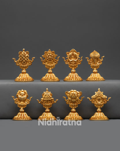 Front view Ashtamangala Set | 3-inch Gold Fire-Gilded Eight Auspicious Symbols