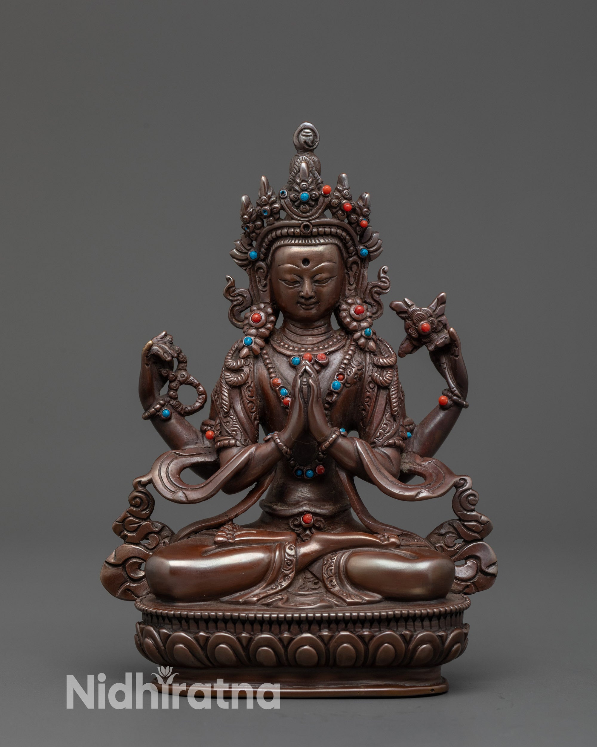 Front view Authentic Chenrezig Statue with crown and swirling robe