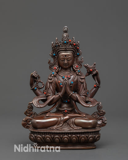 Front view Authentic Chenrezig Statue with crown and swirling robe