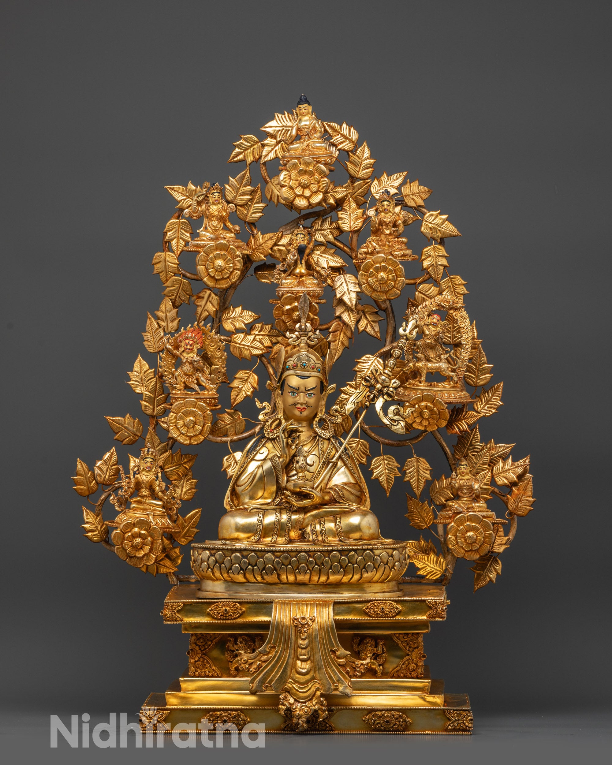 Front view Authentic Guru Sangey Set Statue on lion throne with gold-fire gilding
