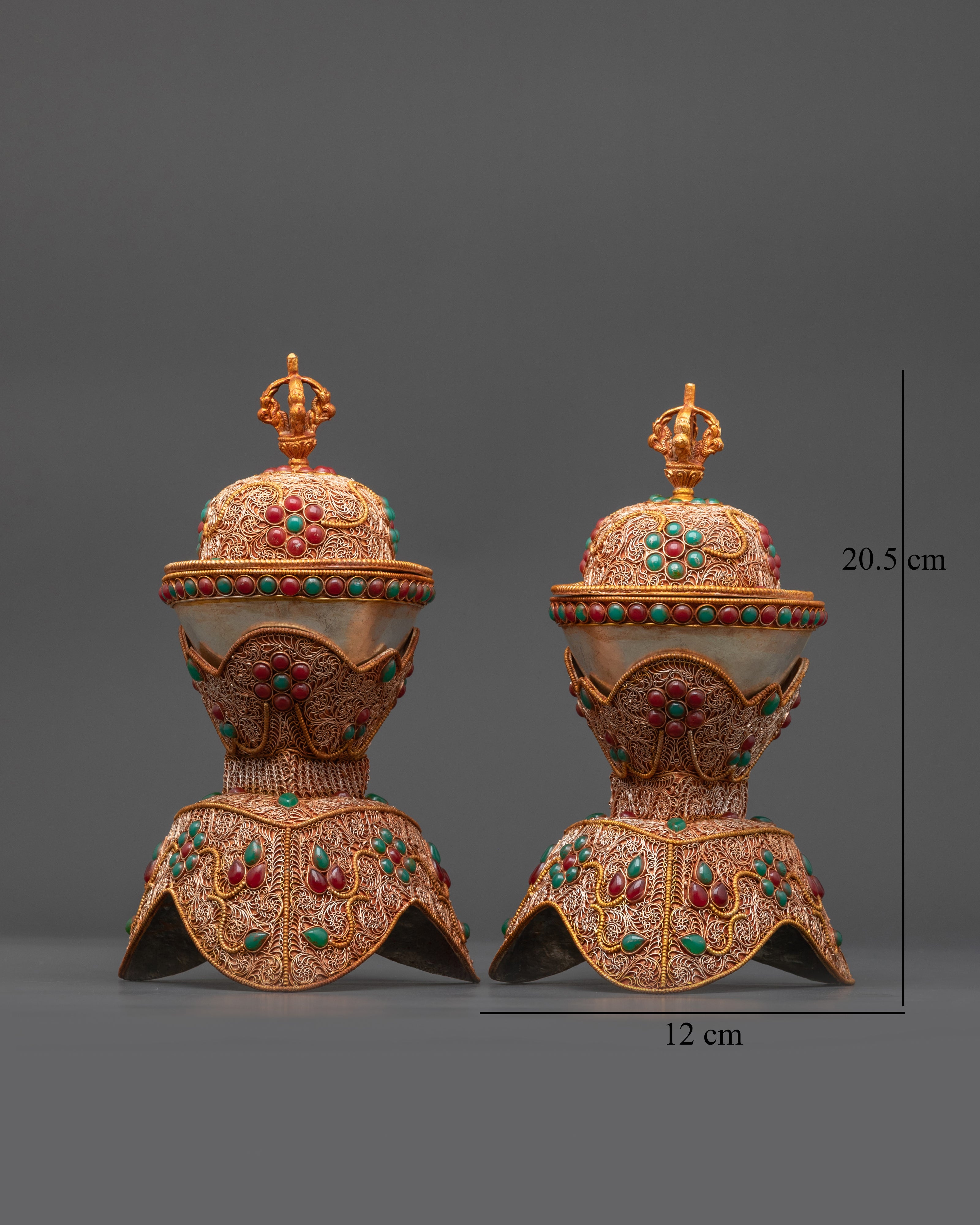 Front view Authentic Skull Cup Set with silver and gold-plated Kapala, intricate filigree
