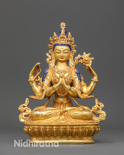 Front view Avalokiteśvara Chenrezig Statue with lotus seat and gold fire-gilding