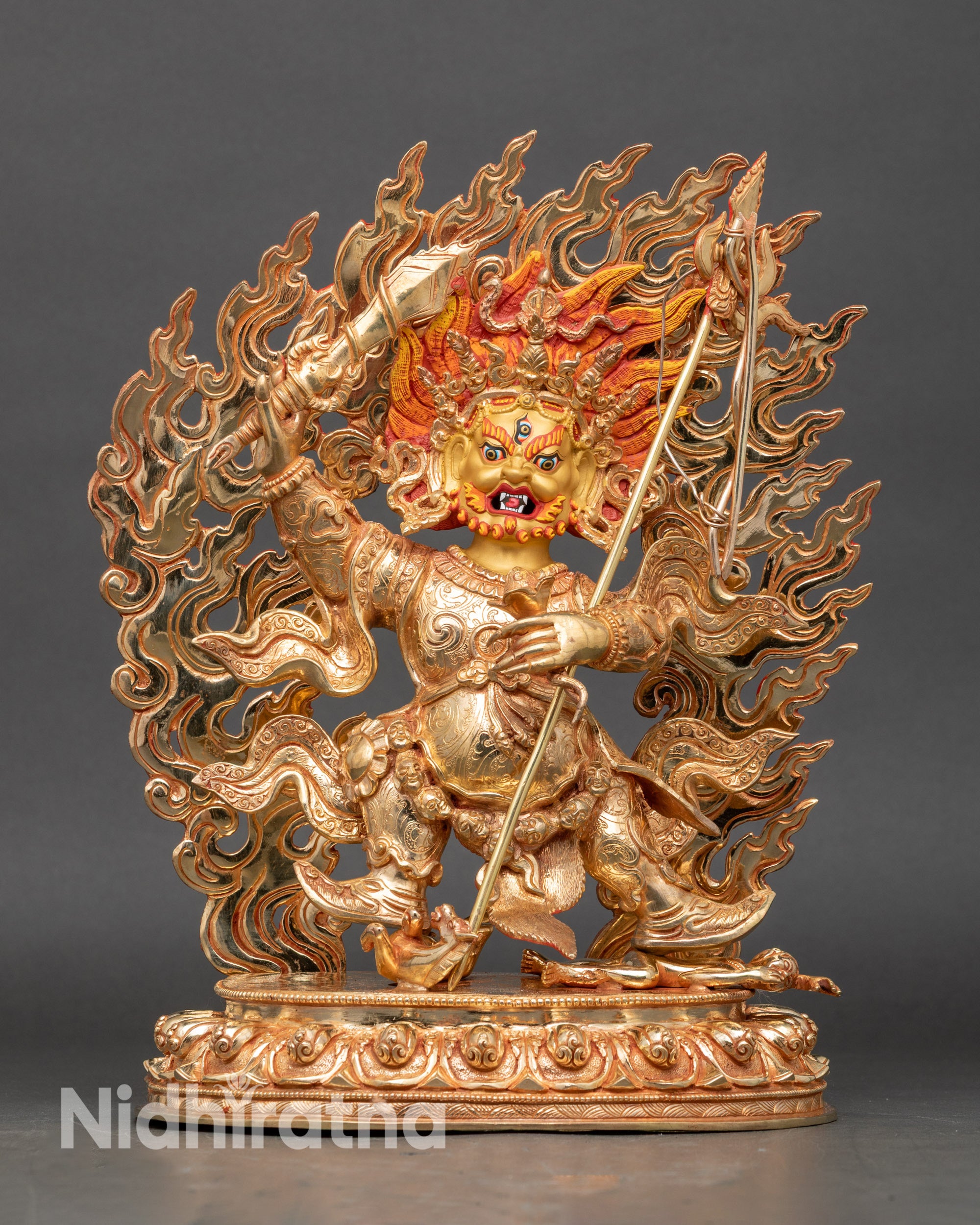 Front view Begtse Chen statue wrathful protector Nepalese handmade copper sculpture