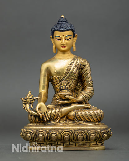 Front view Bhaisajyaguru Medicine Buddha statue copper with fire-gilding Nepalese art
