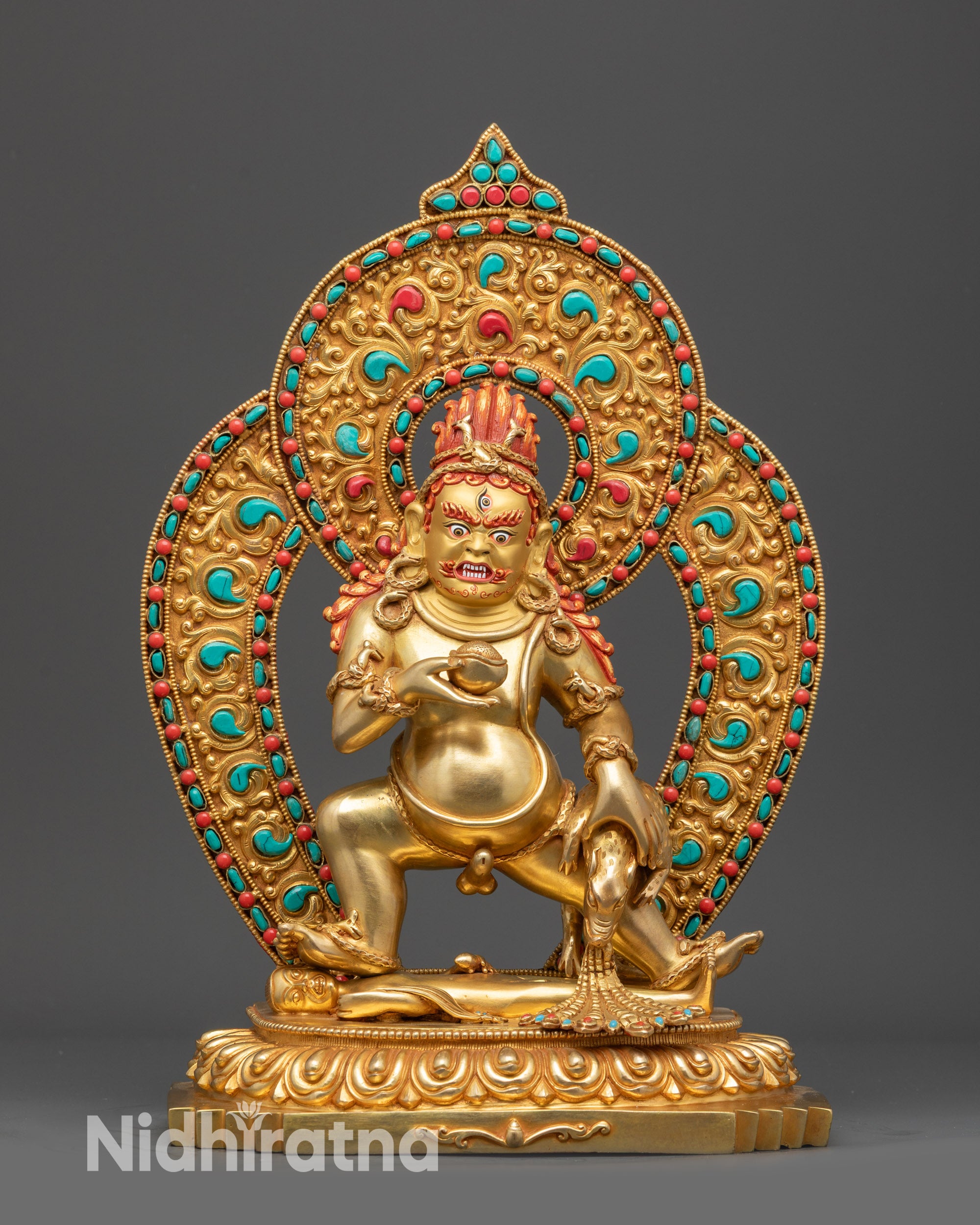 Front view Black Dzambhala Buddha Statue with gold-gilded base and treasure mongoose