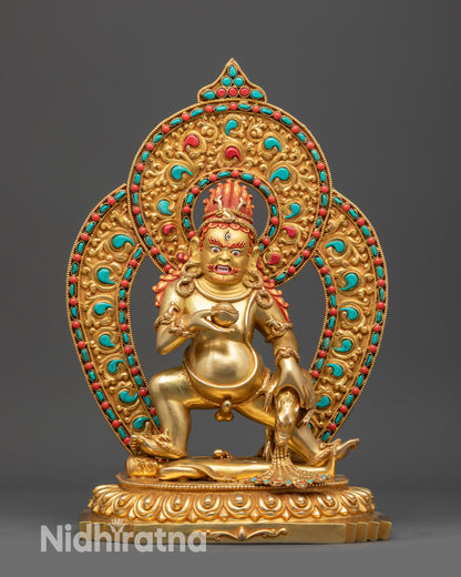 Front view Black Dzambhala Buddha Statue with gold-gilded base and treasure mongoose