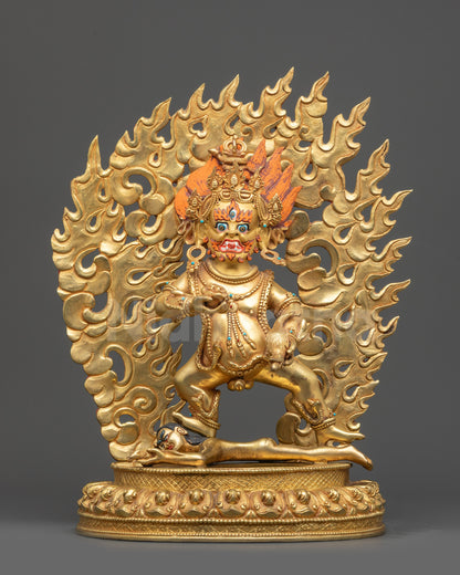 Front view Black Dzambhala Statue with gold-gilded face and fire-gilded body