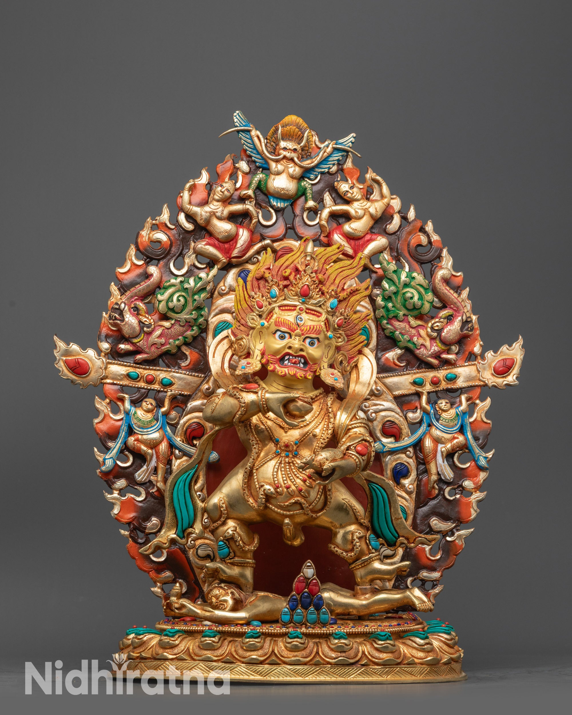 Front view Black Dzambhala Statue with gold fire-gilded body on lotus seat