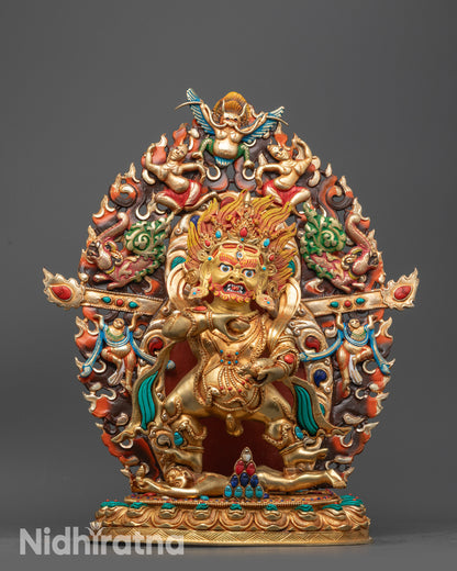 Front view Black Dzambhala Statue with gold fire-gilded body on lotus seat