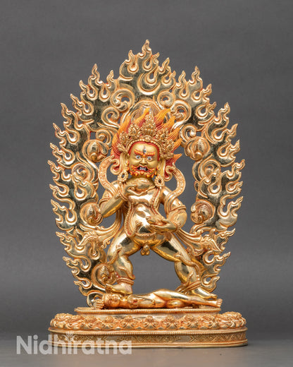 Front view Black Dzambhala statue 24K gold gilded copper Tibetan wealth deity Nepal