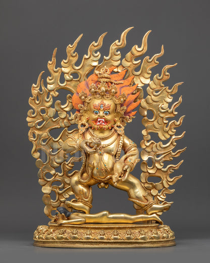 Front view Black Dzambhala statue crushing evil deity on lotus with kapala and mongoose
