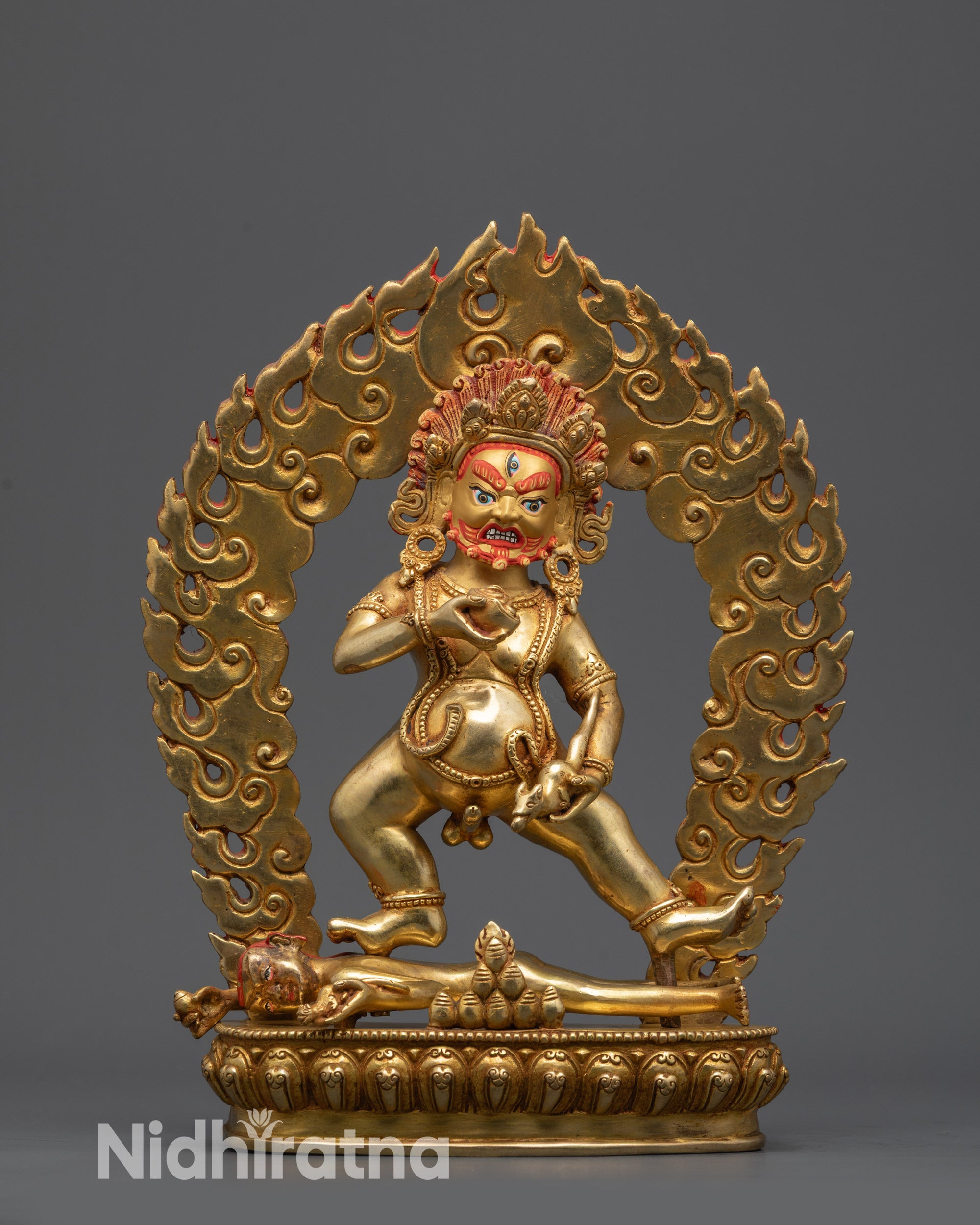 Front view Black Jambhala God Statue with gold-gilded face and wrathful halo