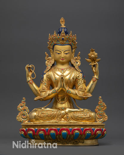 Front view Bodhisattva Chenrezig statue on lotus seat with gold-gilded finish
