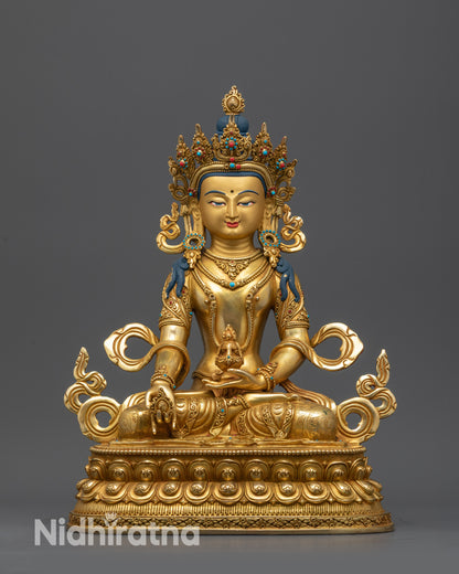 Front view Bodhisattva Jizo Ksitigarbha statue with gold-gilded face and lotus pedestal

