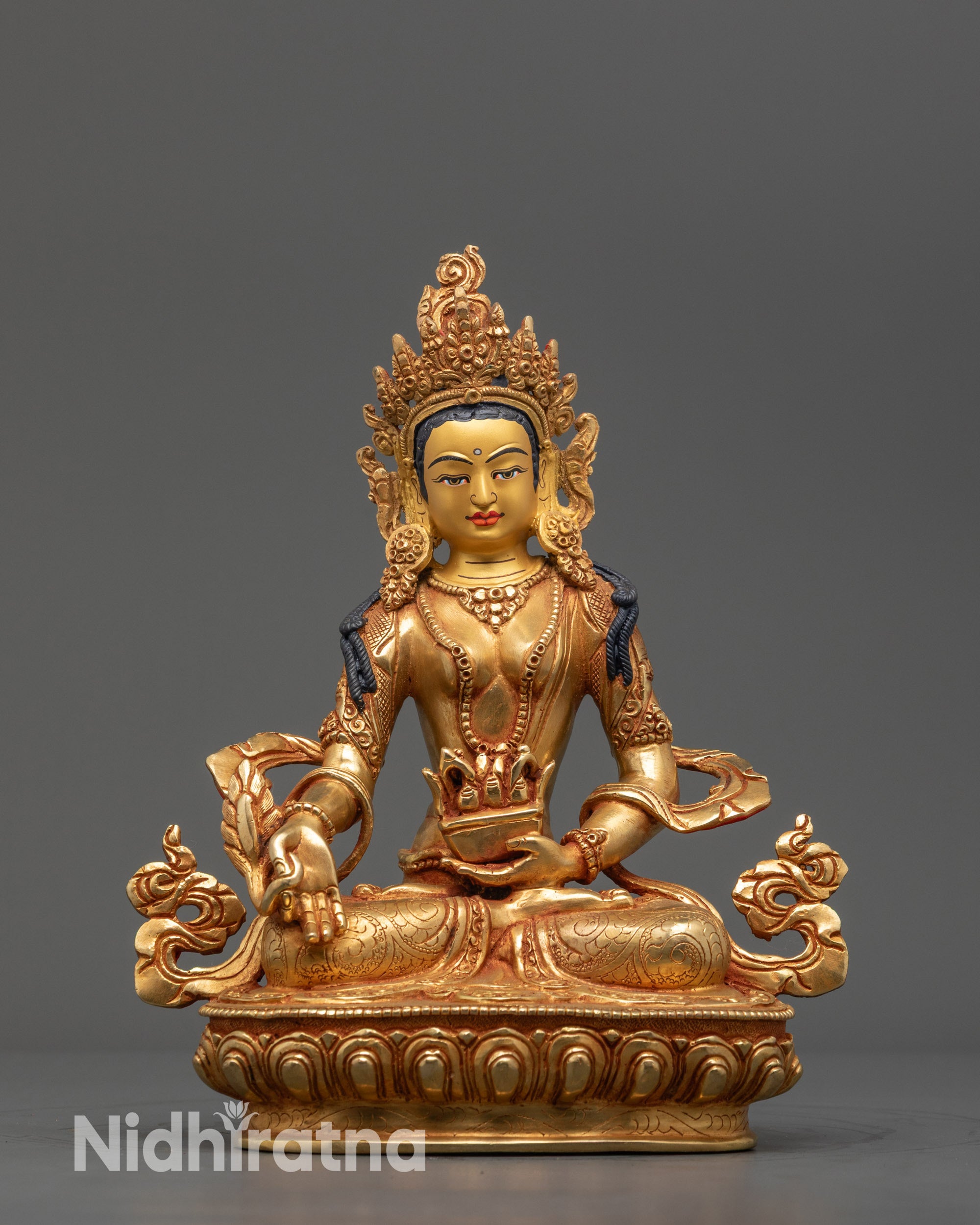 Front view Bodhisattva Ksitigarbha Statue on lotus seat with gold-fire gilded crown and robes