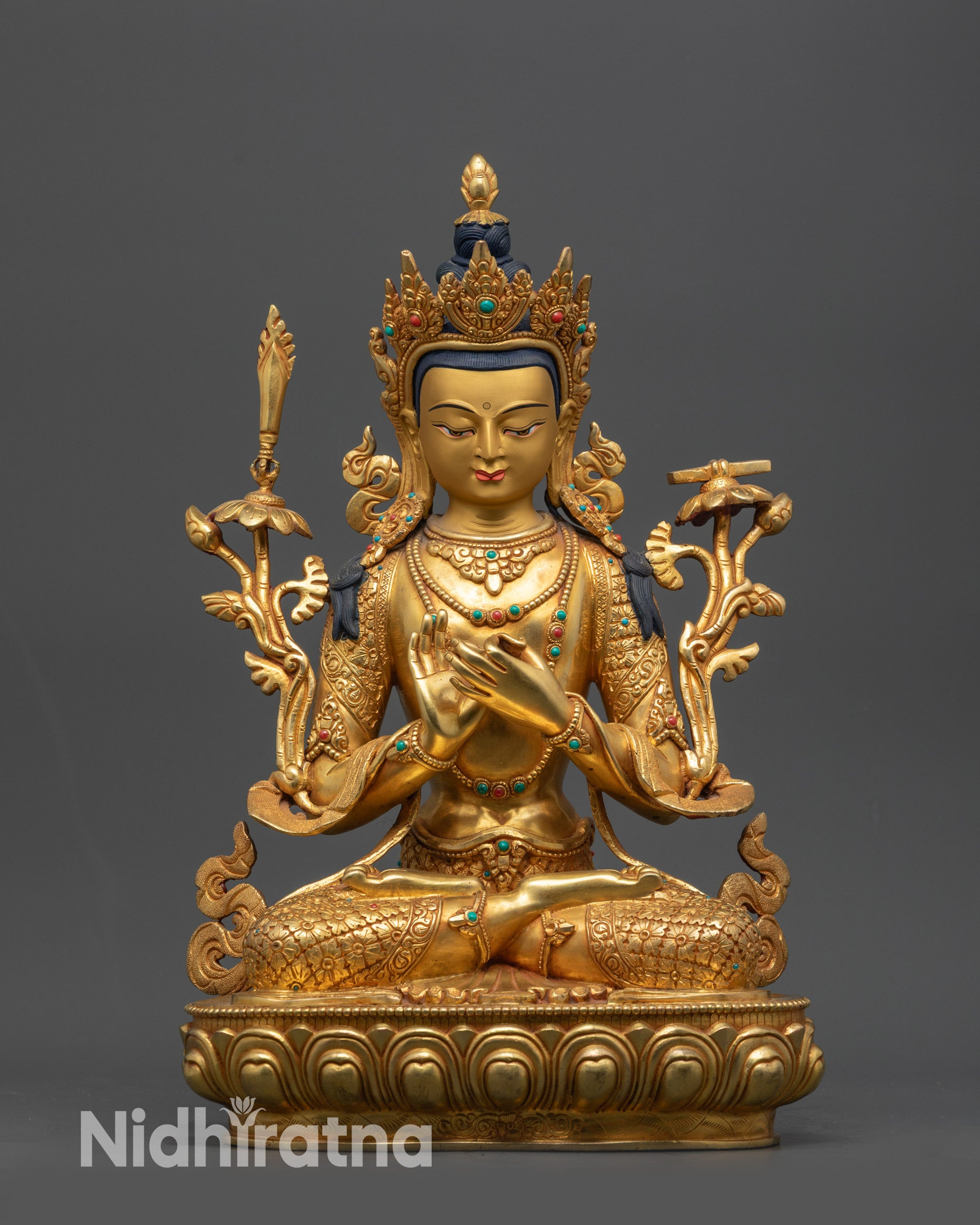 Front view Bodhisattva Manjushri Statue, 24K gold fire-gilded copper meditation decor