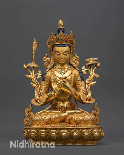 Front view Bodhisattva Manjushri Statue, 24K gold fire-gilded copper meditation decor
