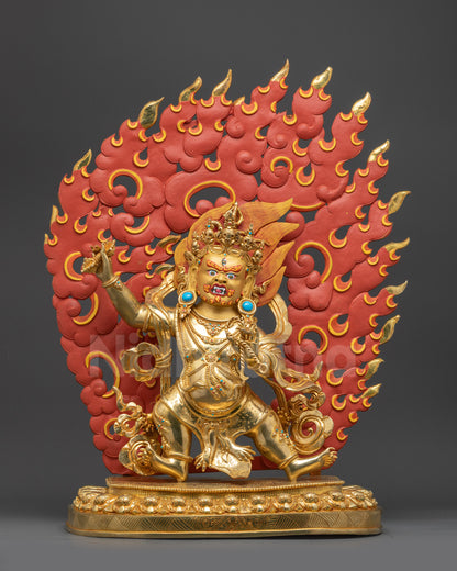 Front view Bodhisattva Vajrapani statue with gold fire-gilded robe and lotus pedestal