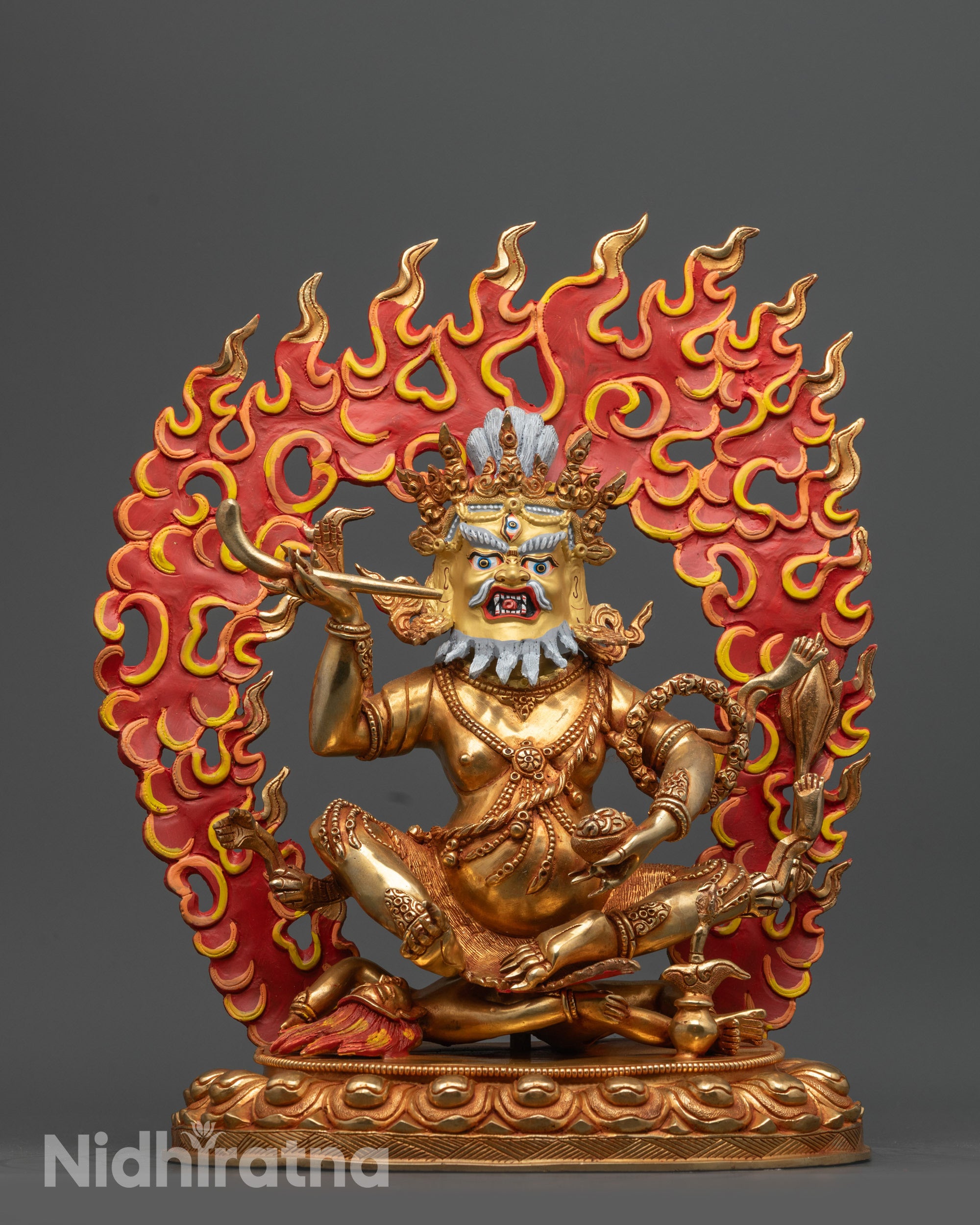 Front view Brahmanrupa Mahakala Statue with gold fire-gilded body and meditative posture