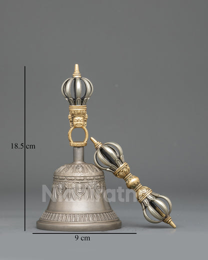 Front view Bronze and Copper Vajra & Bell Set for Buddhist Puja and Meditation