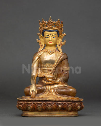 Front view Buddha Shakyamuni Statue on lotus moon disc with crown and patra bowl

