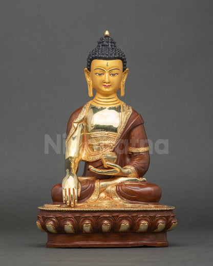 Front view Buddha Shakyamuni statue copper with gold finish handmade Nepal