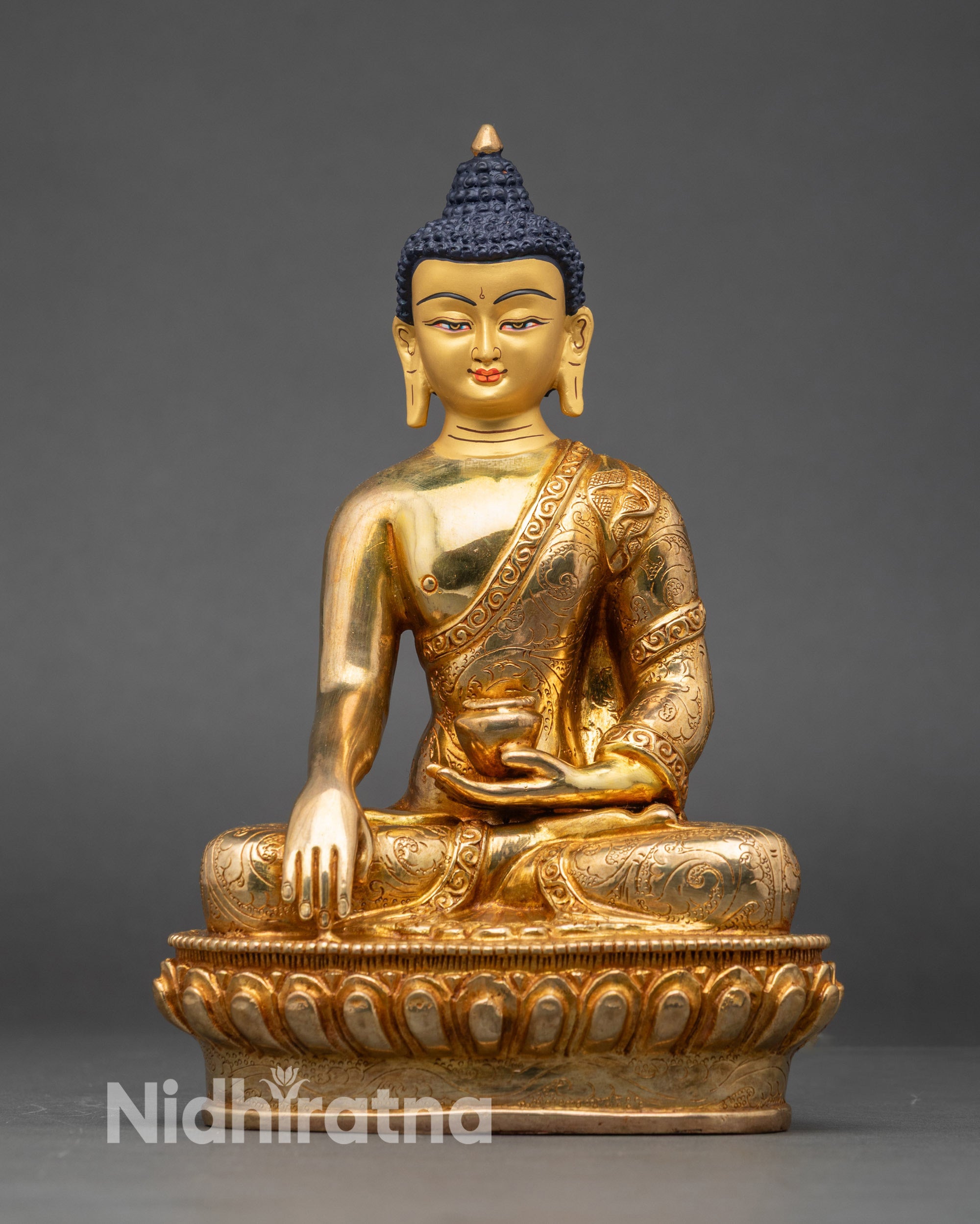Front view Buddha Shakyamuni statue lotus pedestal 24K gold gilded copper