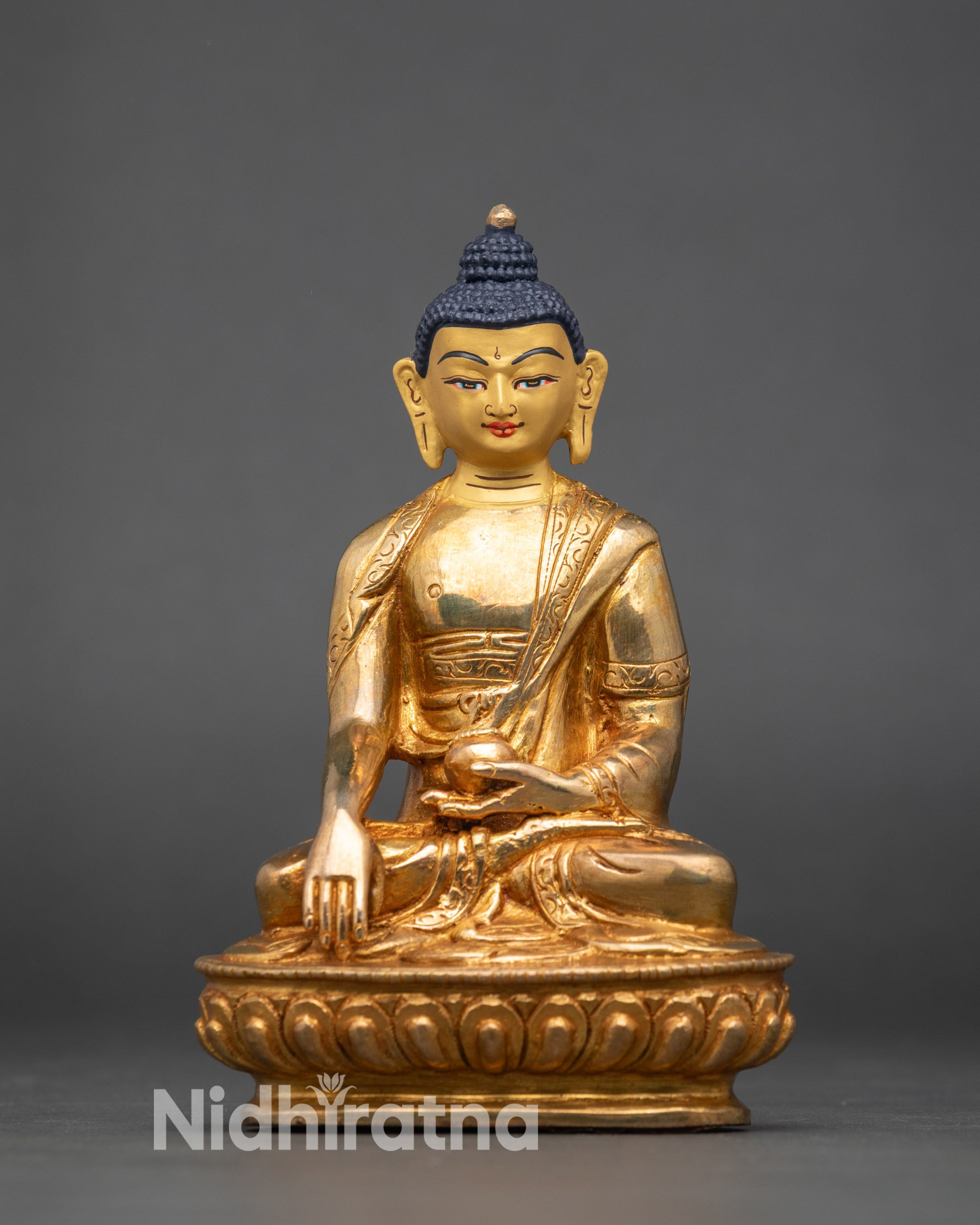 Front view Buddha Shakyamuni statue lotus pedestal gold-gilded copper