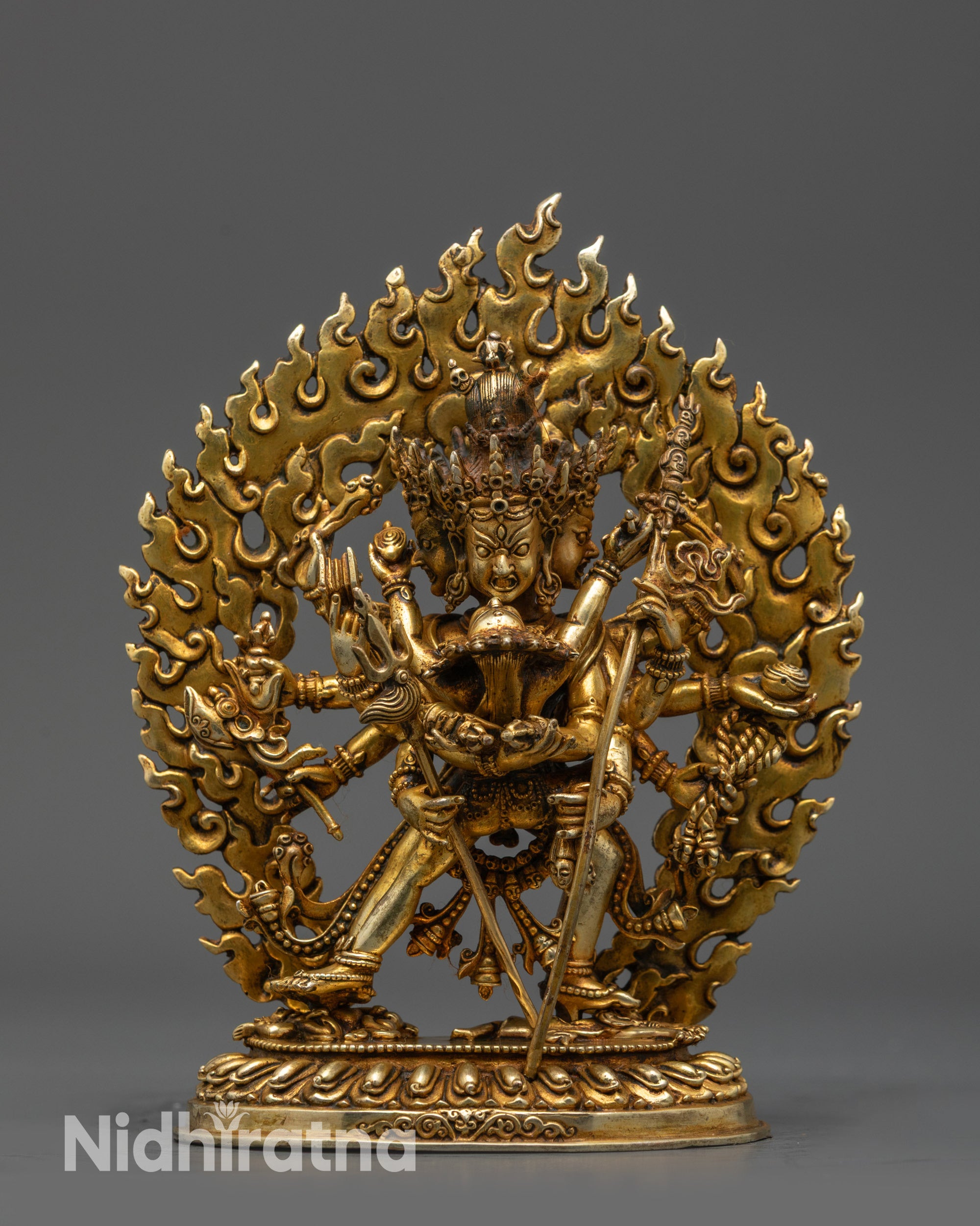 Front view Chakrasamvara Statue with consort on lotus seat, gold-fire gilded