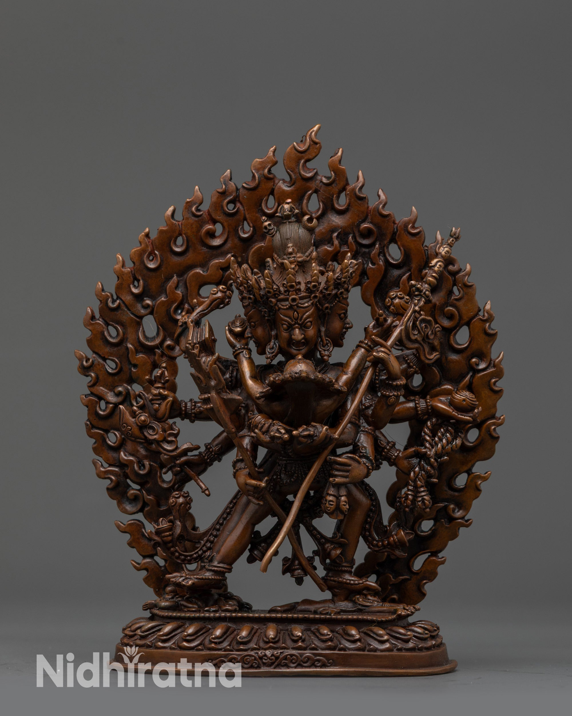 Front view Chakrasamvara statue machine-crafted from oxidized copper with Vajravarahi