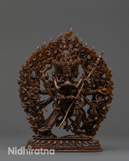 Front view Chakrasamvara statue machine-crafted from oxidized copper with Vajravarahi