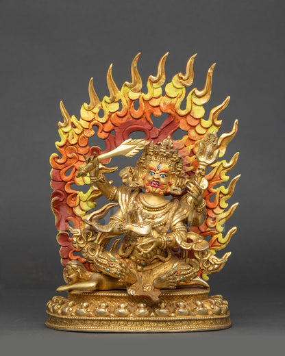 Front view Chaturbhuja Mahakala statue gold fire-gilded copper four-armed protector
