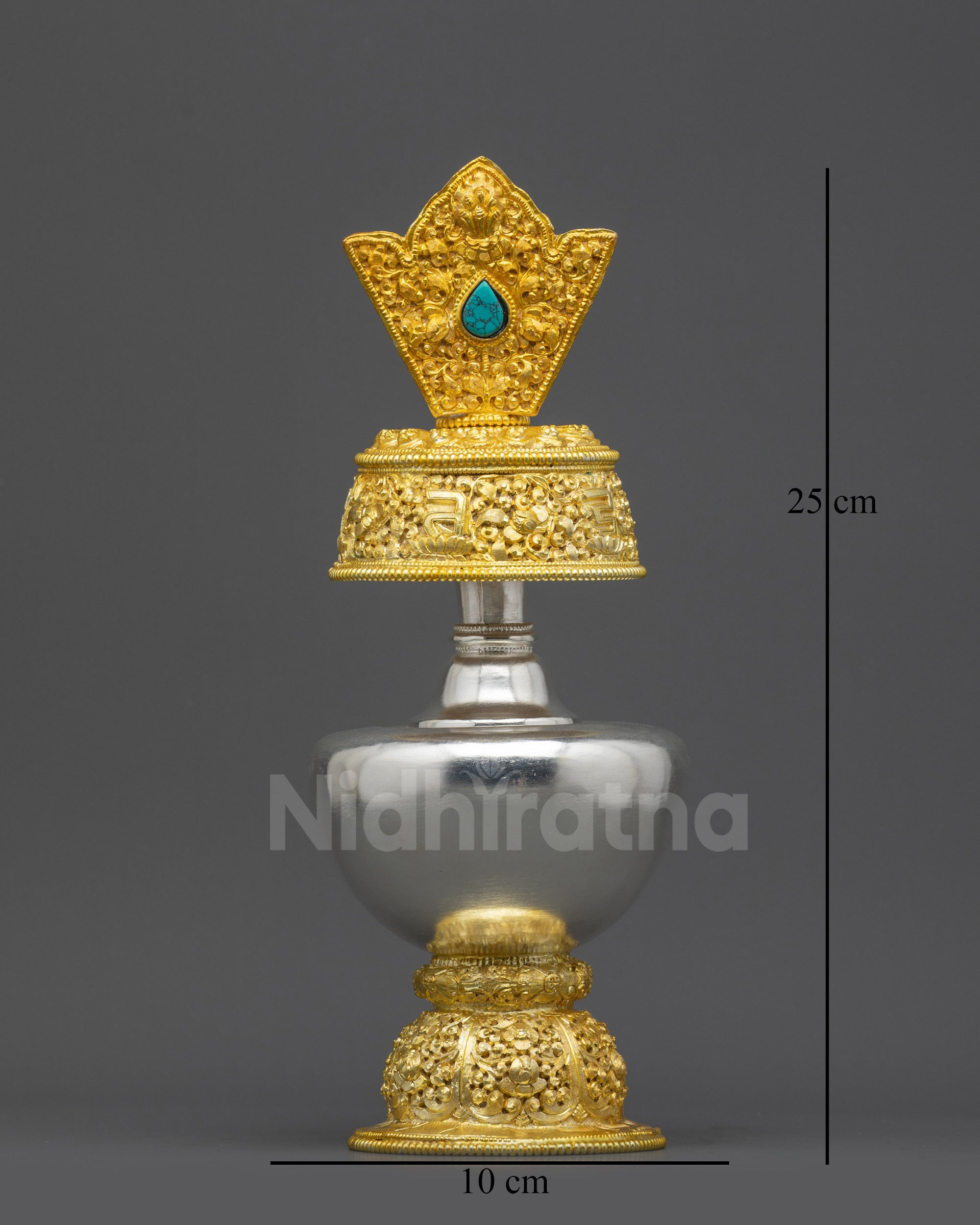 Front view Che Bhumbha ritual vessel with silver and gold plating on floral base
