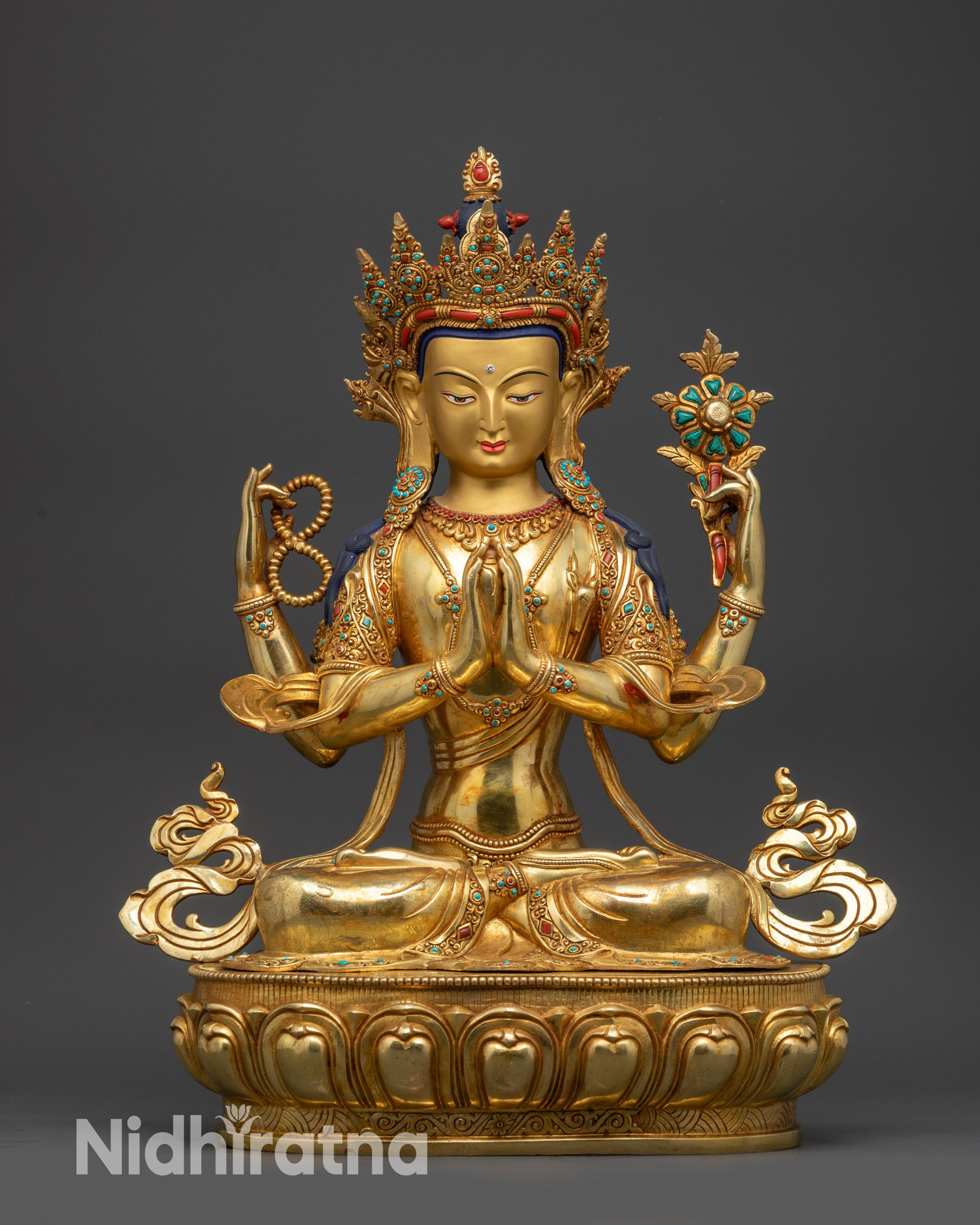 Front view Chenrezig Avalokiteshvara statue Nepal gold-gilded lotus seat for meditation
