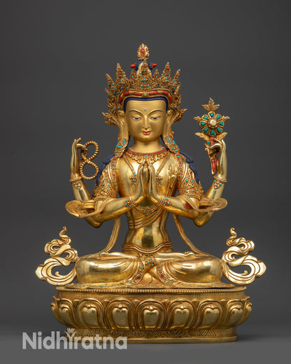 Front view Chenrezig Avalokiteshvara statue Nepal gold-gilded lotus seat for meditation
