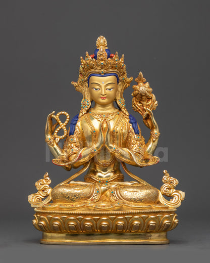 Front view Chenrezig Bodhisattva Statue on lotus base with gold fire-gilded details
