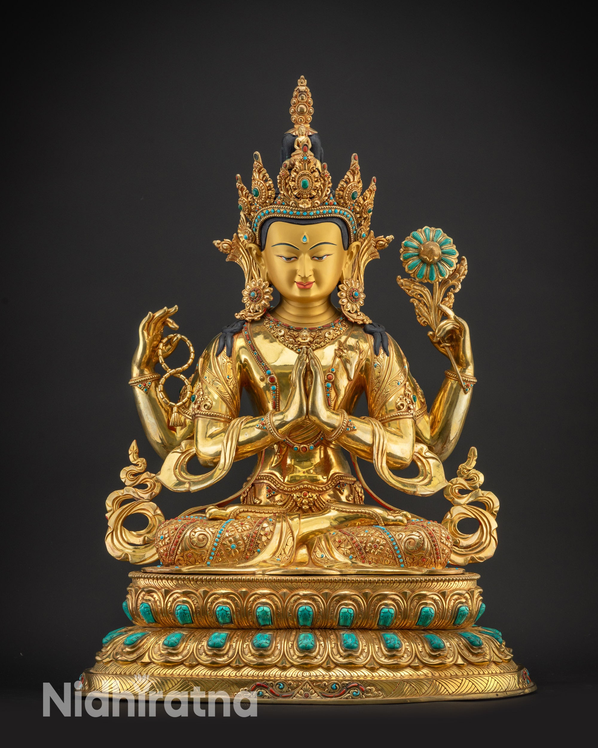 Front view Chenrezig Bodhisattva Statue showing five-jeweled crown and small Buddha figurine
