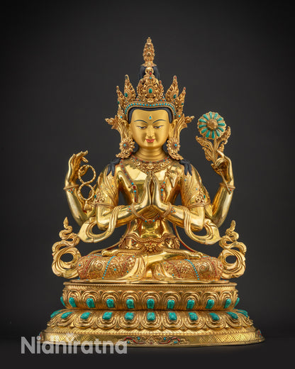 Front view Chenrezig Bodhisattva Statue showing five-jeweled crown and small Buddha figurine
