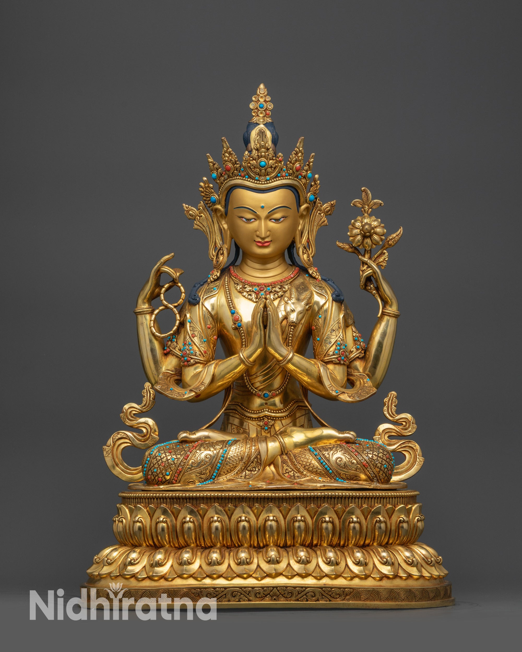 Front view Chenrezig Compassion Buddha Statue on gold-gilded lotus base

