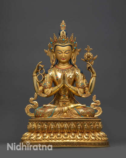 Front view Chenrezig Compassion Buddha Statue on gold-gilded lotus base
