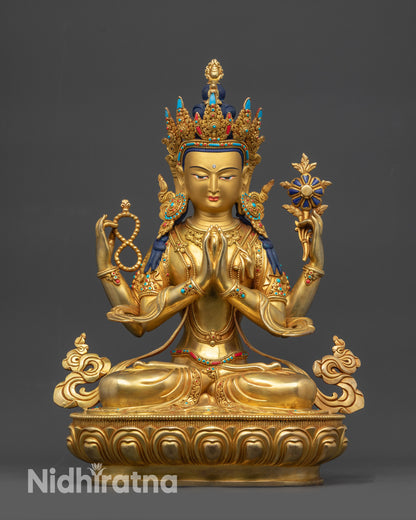 Front view Chenrezig Statue on lotus seat with gold fire-gilded base
