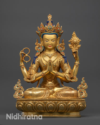 Front view Chenrezig Statue with 24K gold fire-gilded body and lotus throne
