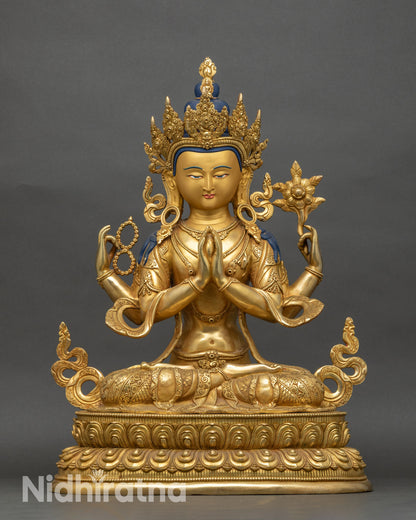 Front view Chenrezig Statue with four arms, lotus, mala, and wish-fulfilling jew